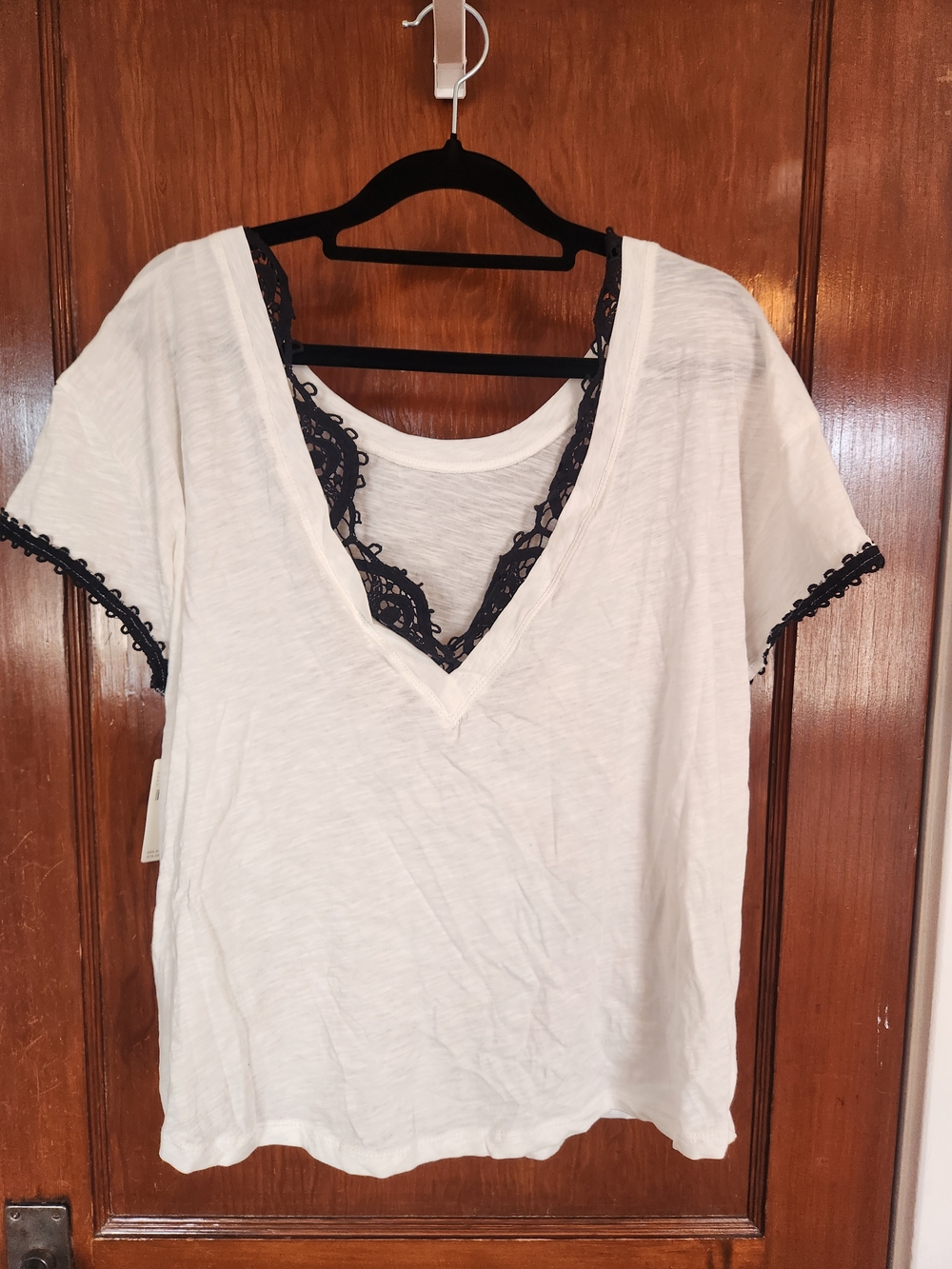 Anthropologie White V-Neck Top with Black Lace Trim